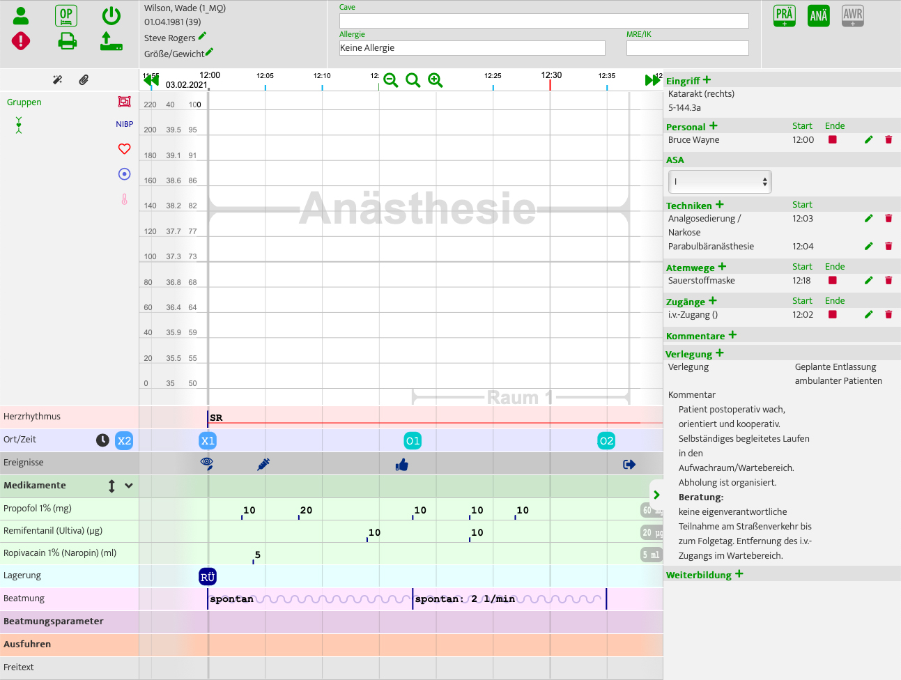 Anesthesia with standard (german screenshot)
